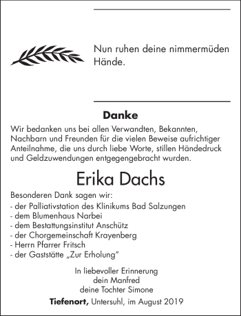 Traueranzeige von Erika Dachs von Südthüringer Presse