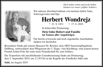 Traueranzeige von Herbert Wondrejz von Südthüringer Presse