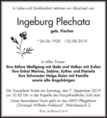 Traueranzeige von Ingeburg Plechata von Südthüringer Presse