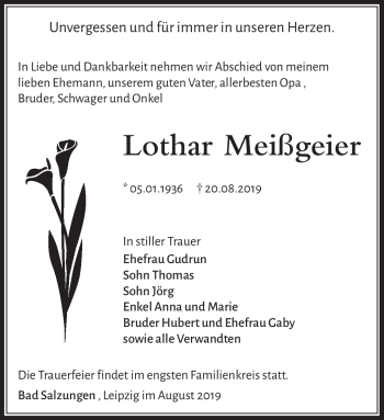 Traueranzeige von Lothar Meißgeier von Südthüringer Presse