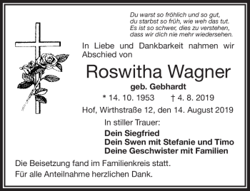 Traueranzeige von Roswitha Wagner von Frankenpost
