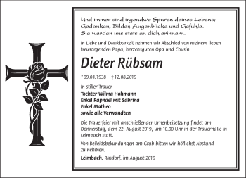 Traueranzeige von Dieter Rübsam von Südthüringer Presse