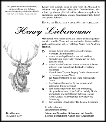Traueranzeige von Henry Liebermann von Südthüringer Presse