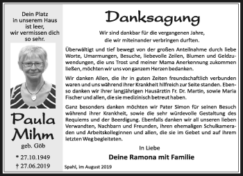 Traueranzeige von Paula Mihm von Südthüringer Presse