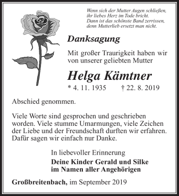 Traueranzeige von Helga Kämtner von Südthüringer Presse