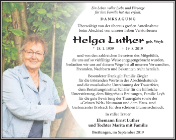 Traueranzeige von Helga Luther von Südthüringer Presse