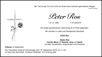 Traueranzeige von Peter Ros von Neue Presse Coburg