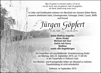 Traueranzeige von Jürgen Göpfert von Südthüringer Presse