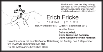 Traueranzeige von Erich Fricke von Frankenpost