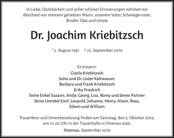 Traueranzeige von Joachim Kriebitzsch von Südthüringer Presse