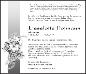 Traueranzeige von Lieselotte Hofmann von Südthüringer Presse