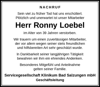 Traueranzeige von Ronny Loebel von Südthüringer Presse