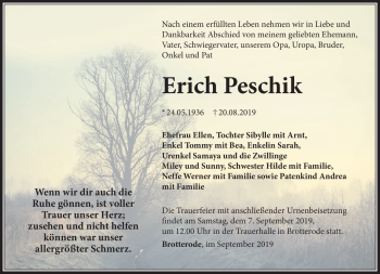 Traueranzeige von Erich Peschlik von Südthüringer Presse