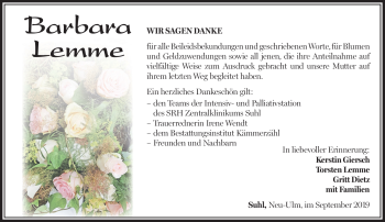 Traueranzeige von Barbara Lemme von Südthüringer Presse