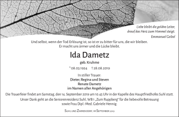 Traueranzeige von Ida Dametz von Südthüringer Presse