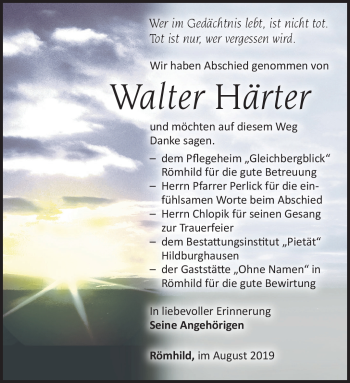 Traueranzeige von Walter Härter von Südthüringer Presse