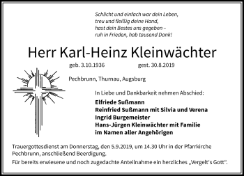 Traueranzeige von Karl-Heinz Kleinwächter von Frankenpost