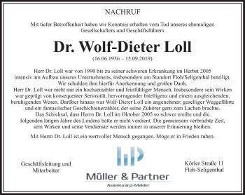 Traueranzeige von Wolf-Dieter Loll von Südthüringer Presse