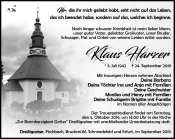 Traueranzeige von Klaus Harzer von Südthüringer Presse