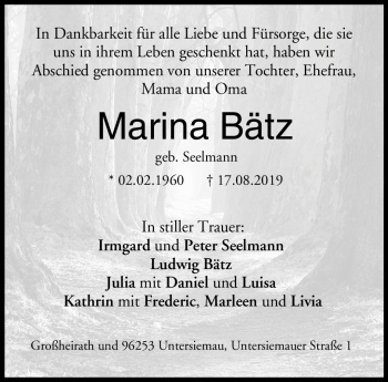 Traueranzeige von Marina Bätz von Neue Presse Coburg