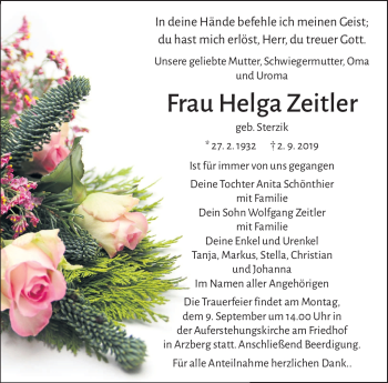 Traueranzeige von Helga Zeitler von Frankenpost
