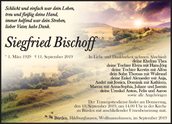 Traueranzeige von Siegfried Bischoff von Südthüringer Presse