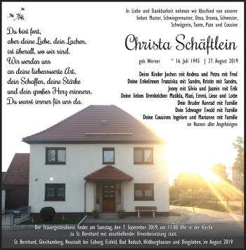 Traueranzeige von Christa Schäftlein von Südthüringer Presse