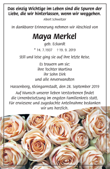 Traueranzeige von Maya Merkel von Neue Presse Coburg