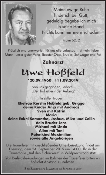 Traueranzeige von Uwe Hoßfeld von Südthüringer Presse