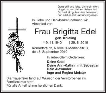 Traueranzeige von Brigitta Edel von Frankenpost