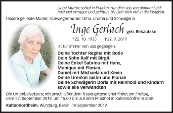 Traueranzeige von Inge Gerlach von Südthüringer Presse