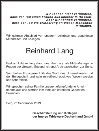 Traueranzeige von Reinhard Lang von Frankenpost