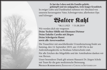 Traueranzeige von Walter Kahl von Südthüringer Presse