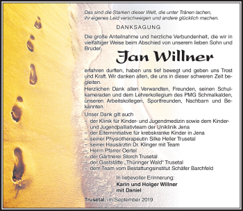 Traueranzeige von Jan Willner von Südthüringer Presse