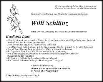 Traueranzeige von Willi Schlünz von Südthüringer Presse