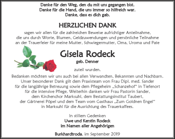 Traueranzeige von Gisel Rodeck von Südthüringer Presse