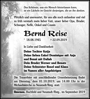 Traueranzeige von Bernd Reise von Südthüringer Presse