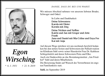 Traueranzeige von Egon Wirsching von Südthüringer Presse