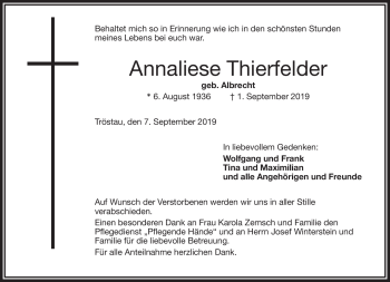Traueranzeige von Annaliese Thierfelder von Frankenpost