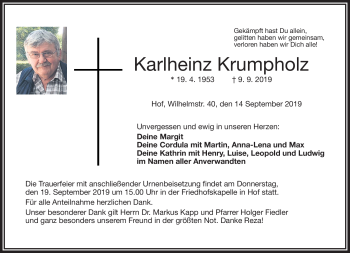 Traueranzeige von Karlheinz Krumpholz von Frankenpost