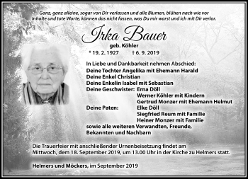 Traueranzeige von Irka Bauer von Südthüringer Presse