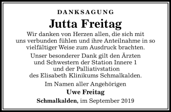 Traueranzeige von Jutta Freitag von Südthüringer Presse
