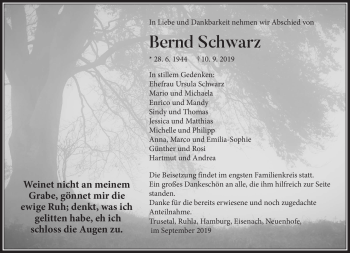 Traueranzeige von Bernd Schwarz von Südthüringer Presse