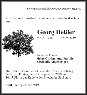 Traueranzeige von Georg Heßler von Südthüringer Presse