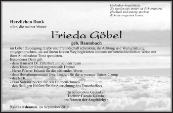 Traueranzeige von Frieda Göbel von Südthüringer Presse