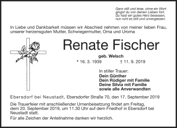 Traueranzeige von Renate Fischer von Neue Presse Coburg