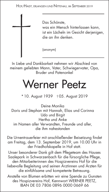 Traueranzeige von Werner Peetz von Frankenpost