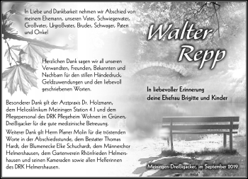 Traueranzeige von Walter Repp von Südthüringer Presse