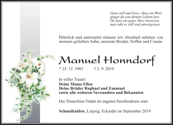 Traueranzeige von Manuel Honndorf von Südthüringer Presse