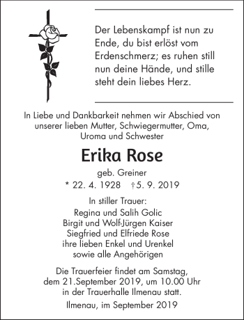 Traueranzeige von Erika Rose von Südthüringer Presse
